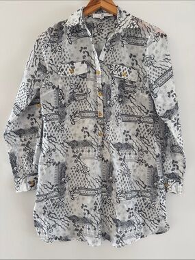 JEAN PIERRE KLIFA Tunic Top Womens Small Floral Print 1/2 Button Popover Gray